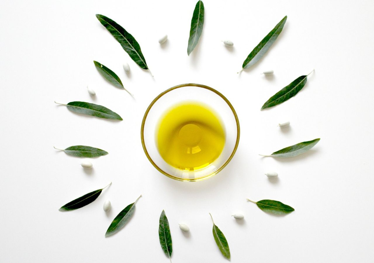 Oliwa z oliwek w miseczce w otoczeniu liści oliwki