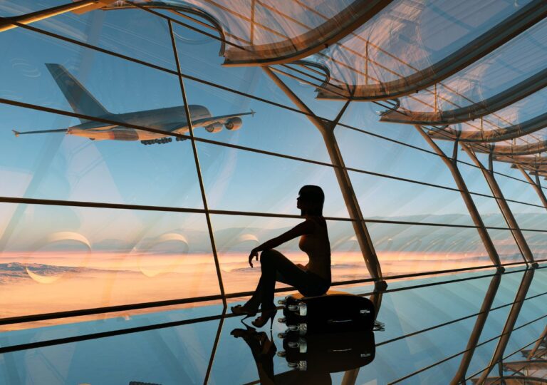 Pasażerka siedzi na walizce przed oknem na lotnisku z widokiem na starujący samolot