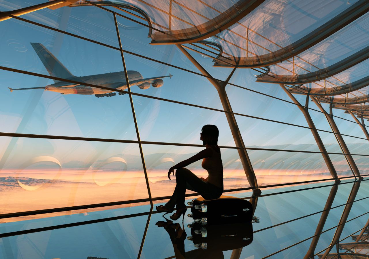 Pasażerka siedzi na walizce przed oknem na lotnisku z widokiem na starujący samolot