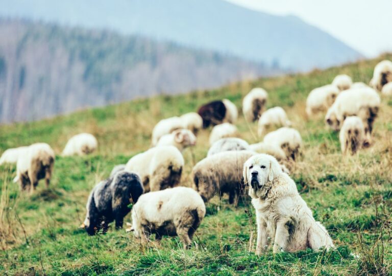 Owce i owczarek podhalański na hali