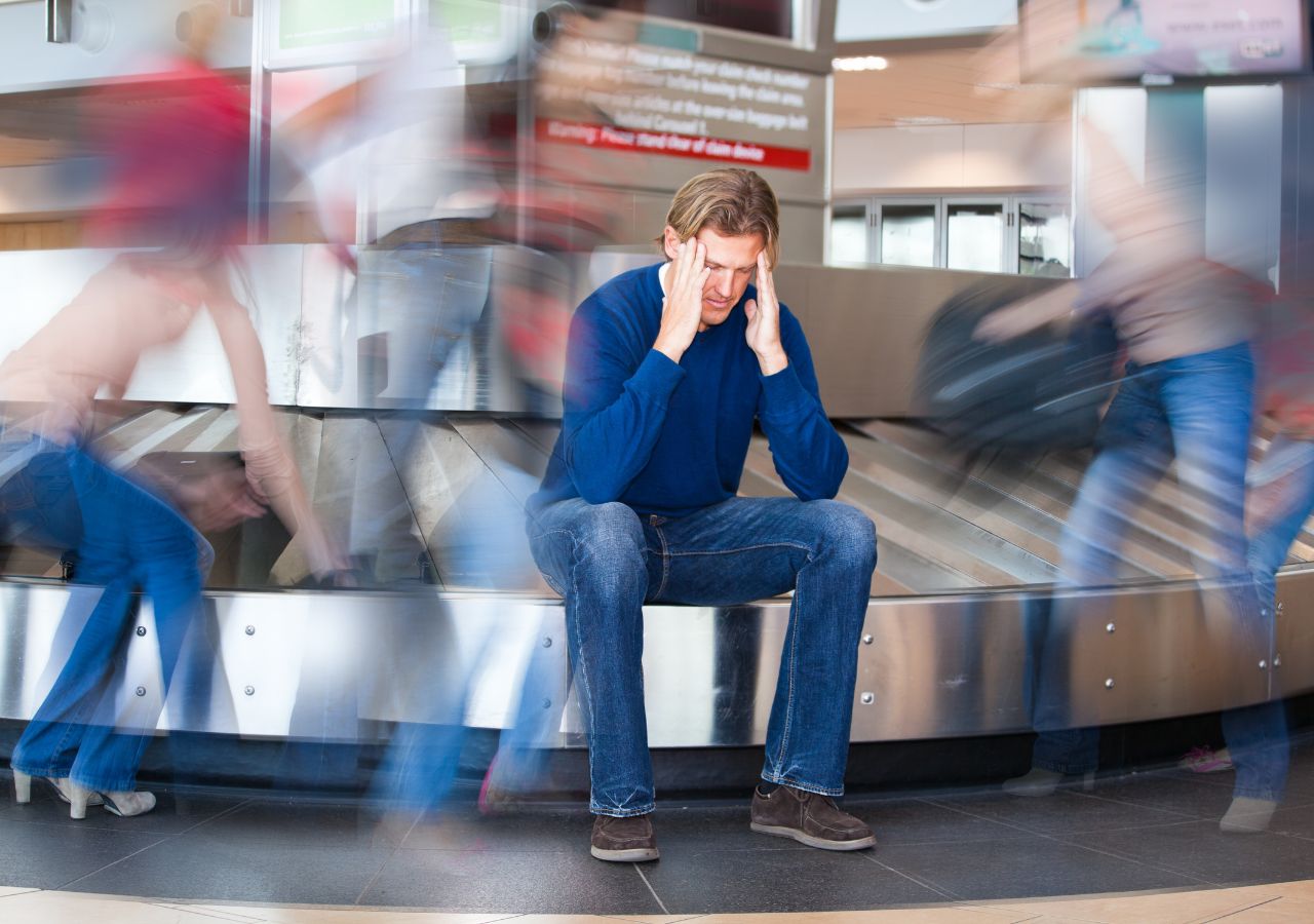 Mężczyzna przy taśmie bagażowej na lotnisku czeka na zagubiony bagaż