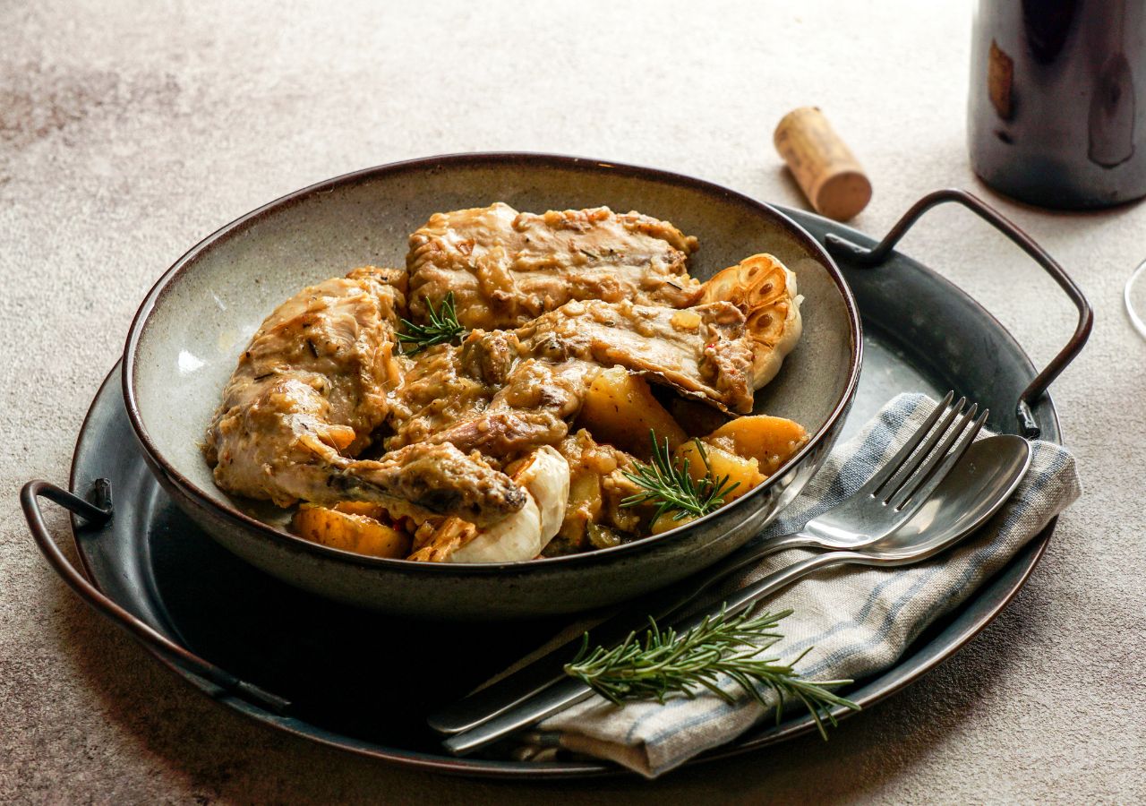 Conejo en salmorejo na specjalnej patelni