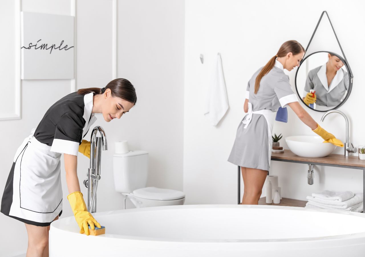 Dwie pokojówki sprzątają hotelową łazienkę