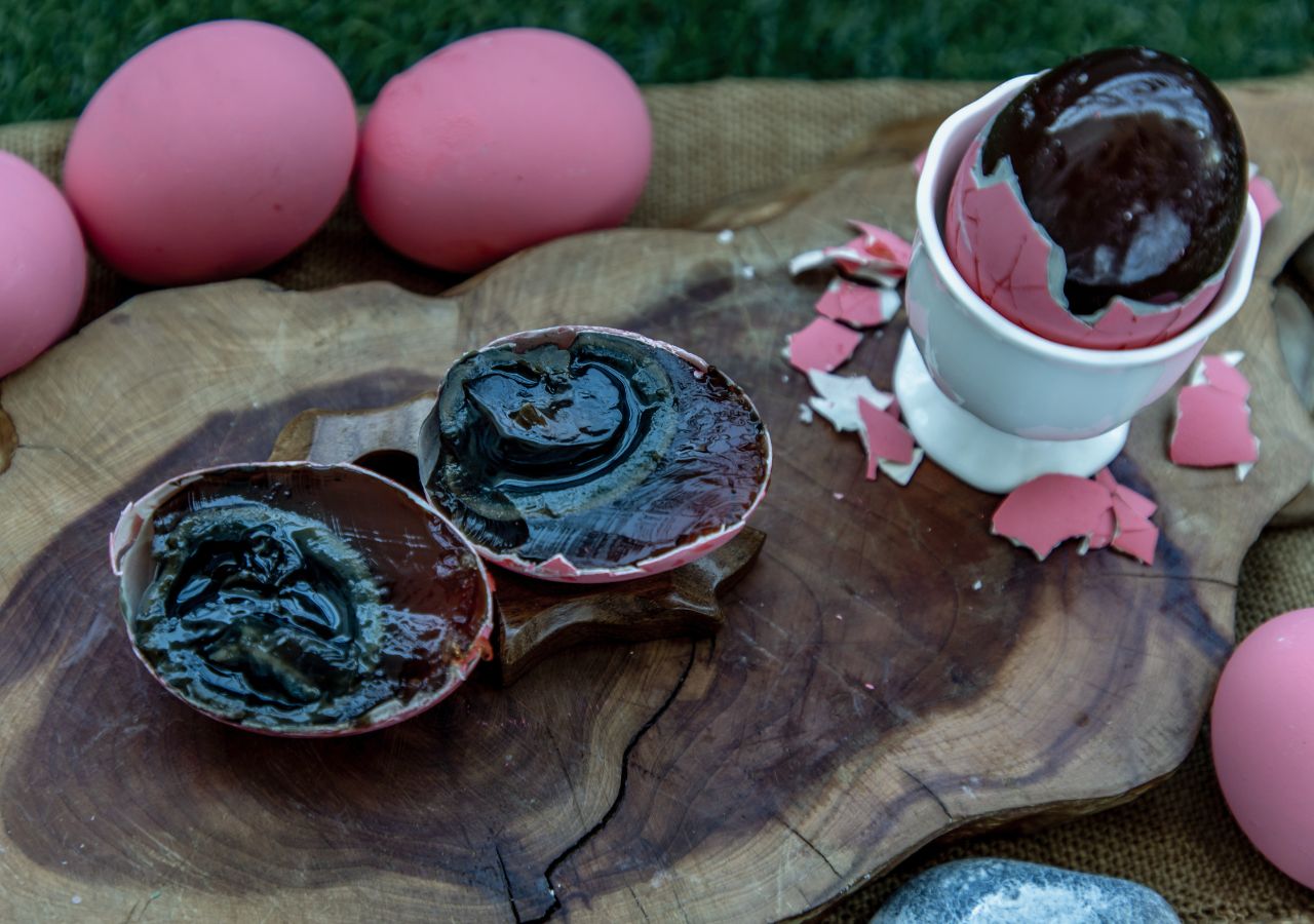 Pidan chińskie struletnie jaja jako chiński street food podane na talerzu