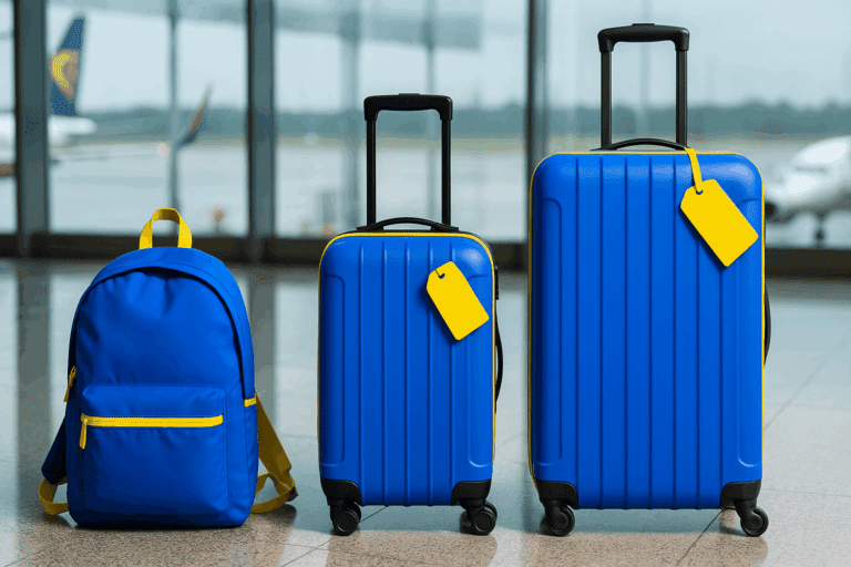 Trzy walizki niebiesko-żółte obok siebie w poczekalni lotniska