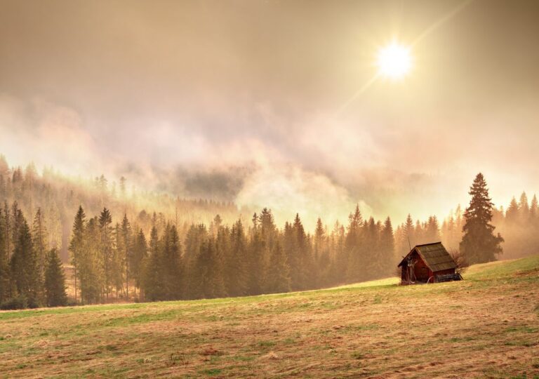 Tatry zamglowne z bacówką na pierwszym tle