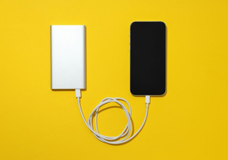 Smartfon podłączony do powerbanka