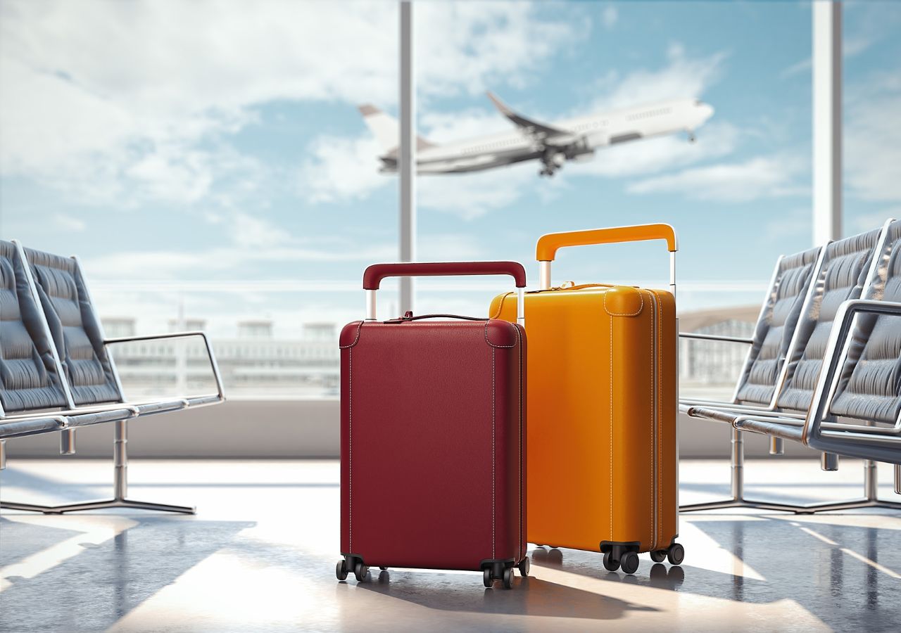 Kolorowe walizki na lotnisku na tle startującego samolotu