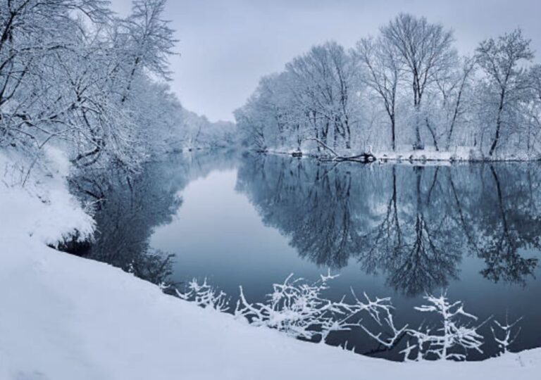 Zimoey pejzaż Mazur - ośnieżone drzewa i zimowe jezioro